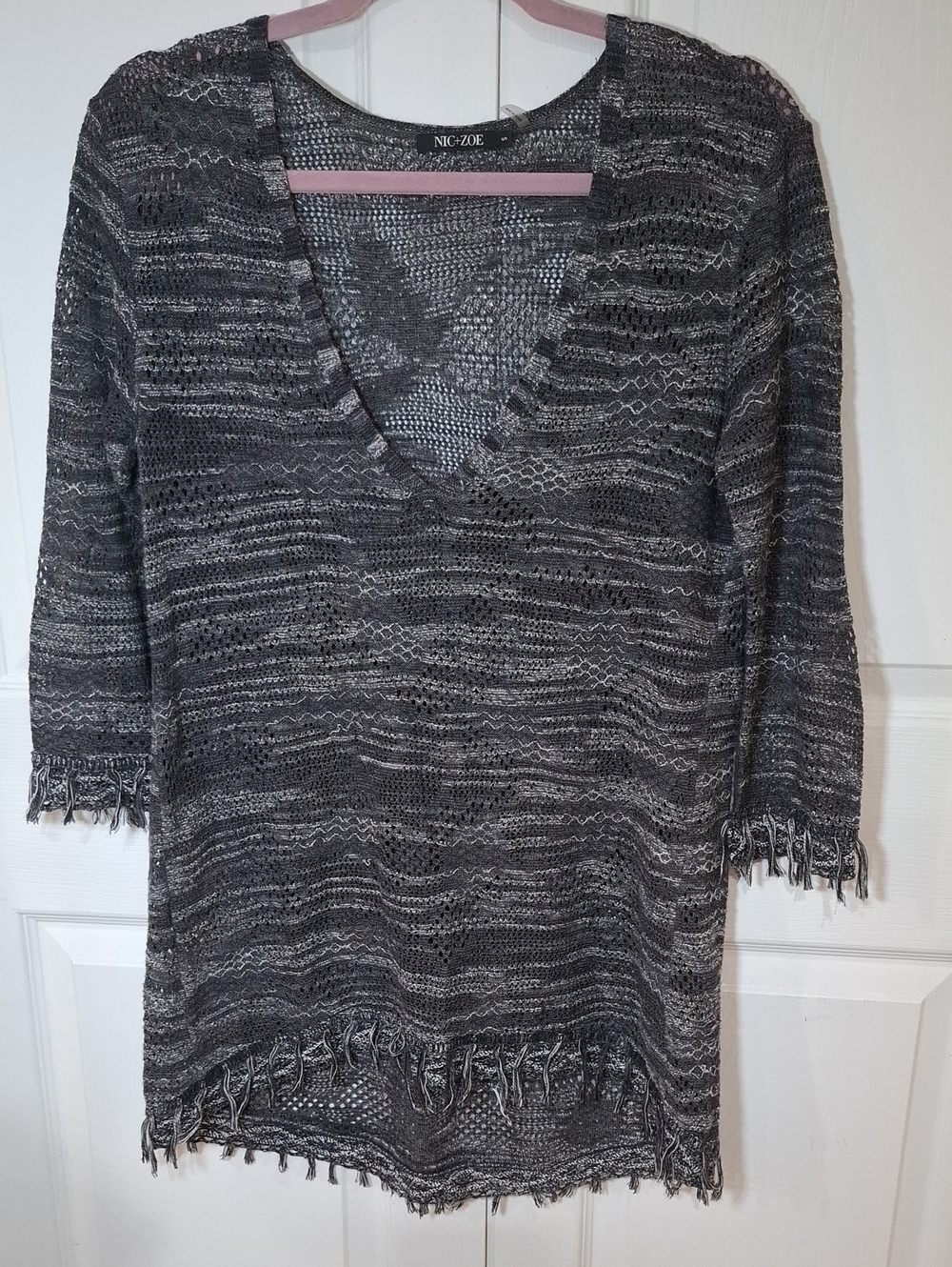 NIC+ZOE Gray Open-Knit V-Neck Fringe Sweater
